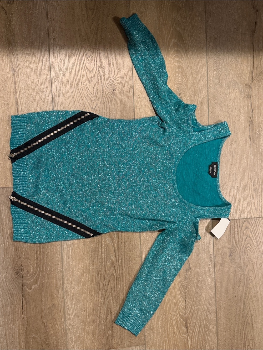 bebe Teal Sparkle Knit Top with Metallic Thread